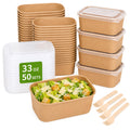 50 Pack 33 oz Disposable Kraft Paper Bowls with PP Lids and Wooden Forks