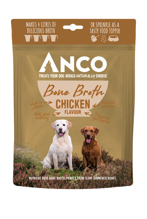 Packaging of Anco Bone Broth Chicken for dogs, featuring images of chickens and a dog on the front, with text highlighting the product's benefits and ingredients.