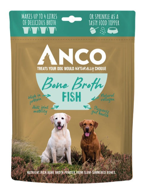 Packaging of Anco Bone Broth Fish for dogs, featuring two dogs and highlighting the natural ingredient with a label that states 'Makes up to 1 litre of delicious broth'. The packaging is a shade of beige with product information and branding.