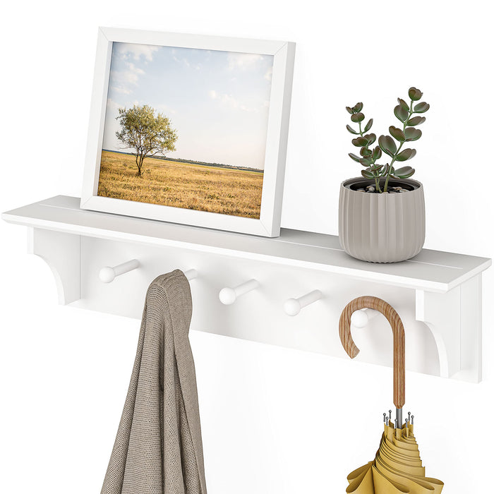 Ballucci Floating Coat and Hat Wall Shelf Rack, 5 Pegs Hook, 24", White