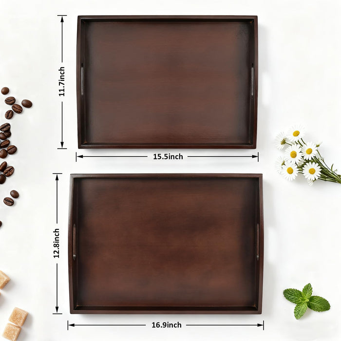 Bamboo Serving Trays with Handles, Set of 2 for Food & Coffee, Dark Brown