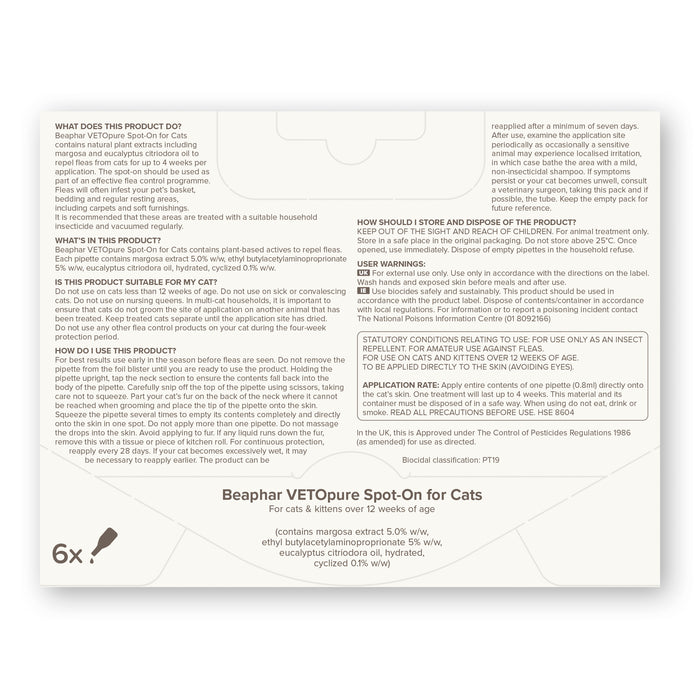 Beaphar | Cat Flea Repellent | VETOpure Natural Spot On Treatment