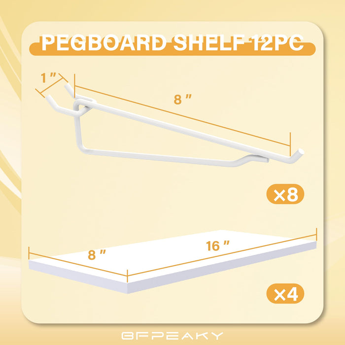BFPeaky White Pegboard Shelf Set, 4 pcs, 8" x 16"