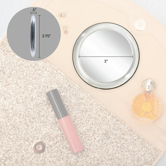 Zadro Z45X 705004415354 environment photo front view with dimensions, compact mirror with magnification in front of a real life setting