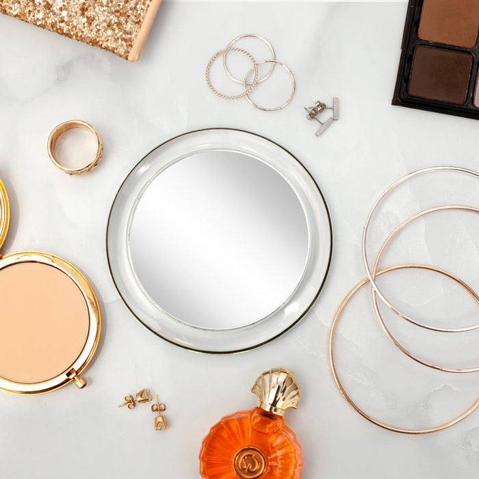 Zadro Z45X 705004415354 environment photo on counter with jewelry, compact mirror with magnification in front of a real life setting