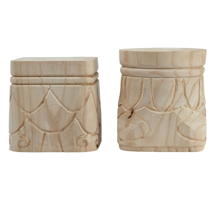 Creative Co-Op Decorative Paulownia Wood Pedestals with Carved Design, Set of 2 Styles, Natural