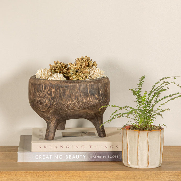 Creative Co-Op Rustic Paulownia Footed Wood Bowl, Charred Brown