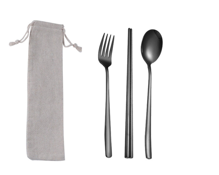 Custom Logo Korean drawstring bag stainless steel tableware 3-piece set | Premium Corporate Gifts and Custom Gifts