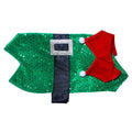 A festive green dog jumper with a red velour collar and a black belt with a silver buckle, designed for a Christmas elf dress-up suit.