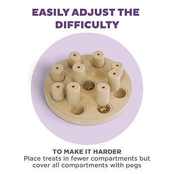 Wooden puzzle with pegs on a white background, labeled 'Easily adjust the difficulty'.
