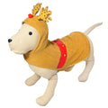 A dog wearing a Christmas reindeer costume with a hood featuring reindeer antlers.