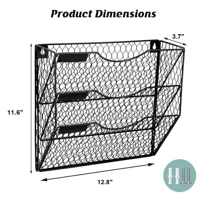 EASEPRES Mail Organizer Wall Mount Hanging File Holder Storage, Metal Chicken Wire Magazine Rack 3 Tier, Black