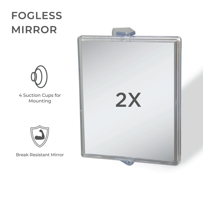 Zadro ZM05 705004415224 product photo front view with specs, fogless swivel shower mirror with magnification & suction cup in front of a white background