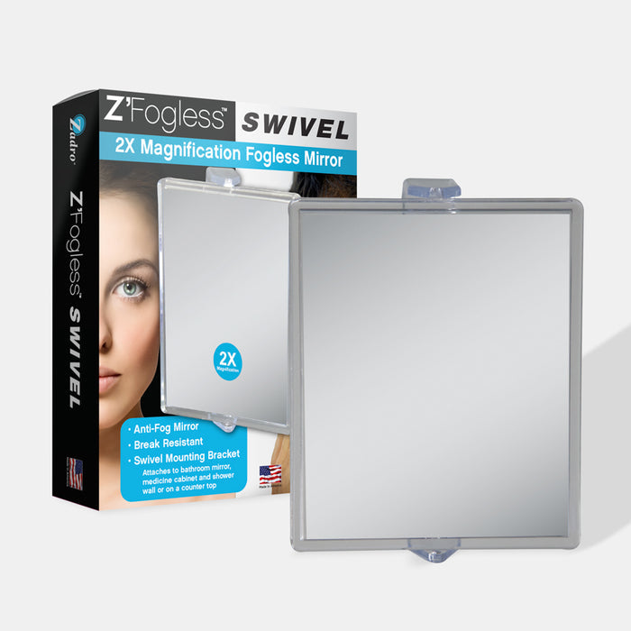 Zadro ZM05 705004415224 product photo front view with gift box, fogless swivel shower mirror with magnification & suction cup in front of a white background