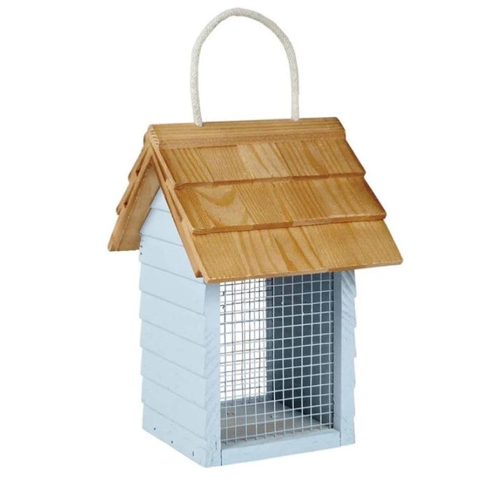 A small house-shaped hanging bird feeder with a light natural wood roof, white siding, wire mesh front, and a white hanging rope, shown on a plain white background.