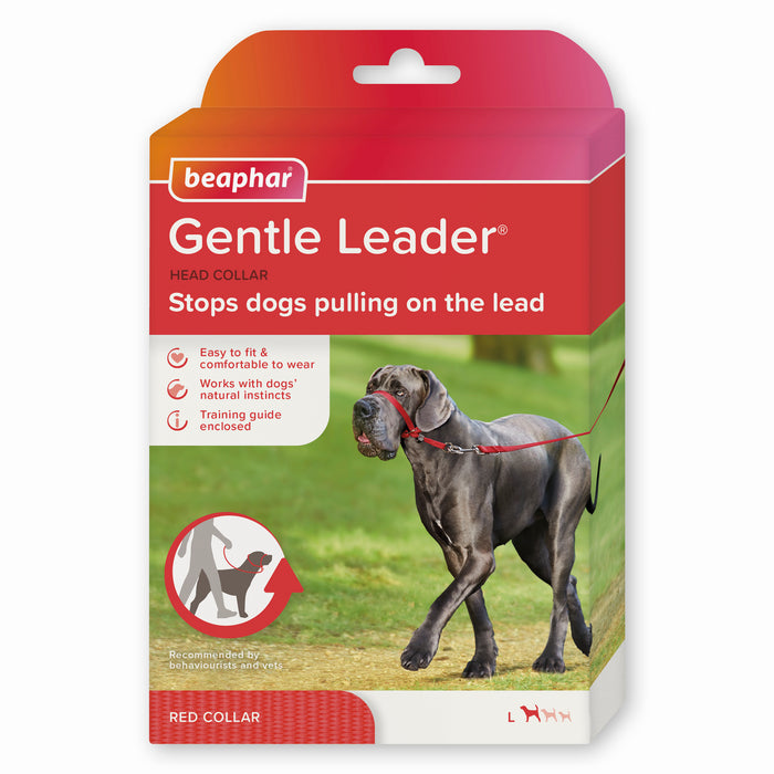 Beaphar Gentle Leader red collar packaging box, featuring a red and orange gradient header, white text, and a photo of a dark grey dog wearing the red collar on a grassy field.