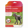 Beaphar Gentle Leader red collar packaging box, featuring a red and orange gradient header, white text, and a photo of a dark grey dog wearing the red collar on a grassy field.