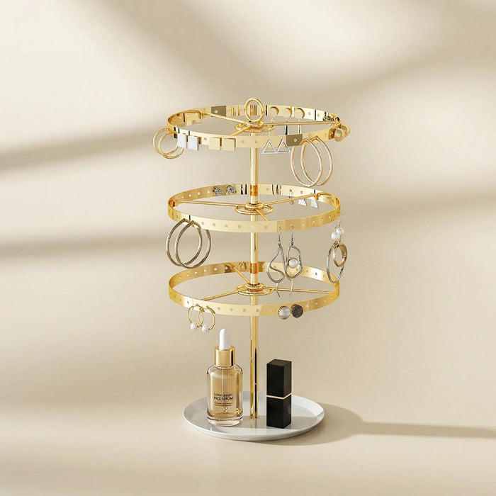 Gghenda 3-Tier Metal Earring Organizer Stand, 360° Rotation, 126 Holes, T-Shape Display Rack (Gold)
