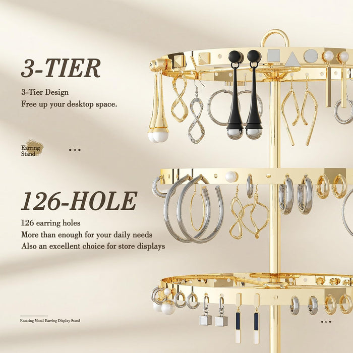 Gghenda 3-Tier Metal Earring Organizer Stand, 360° Rotation, 126 Holes, T-Shape Display Rack (Gold)