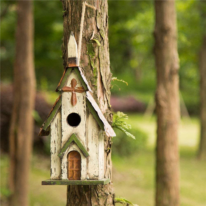 Glitzhome Wooden 14" H Hanging Distressed Church Birdhouse Decorative Garden Bird House
