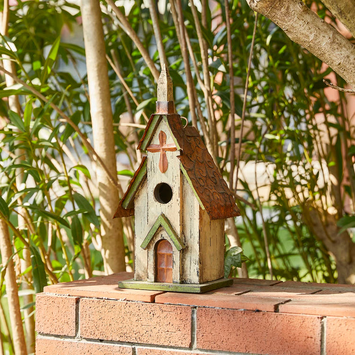 Glitzhome Wooden 14" H Hanging Distressed Church Birdhouse Decorative Garden Bird House