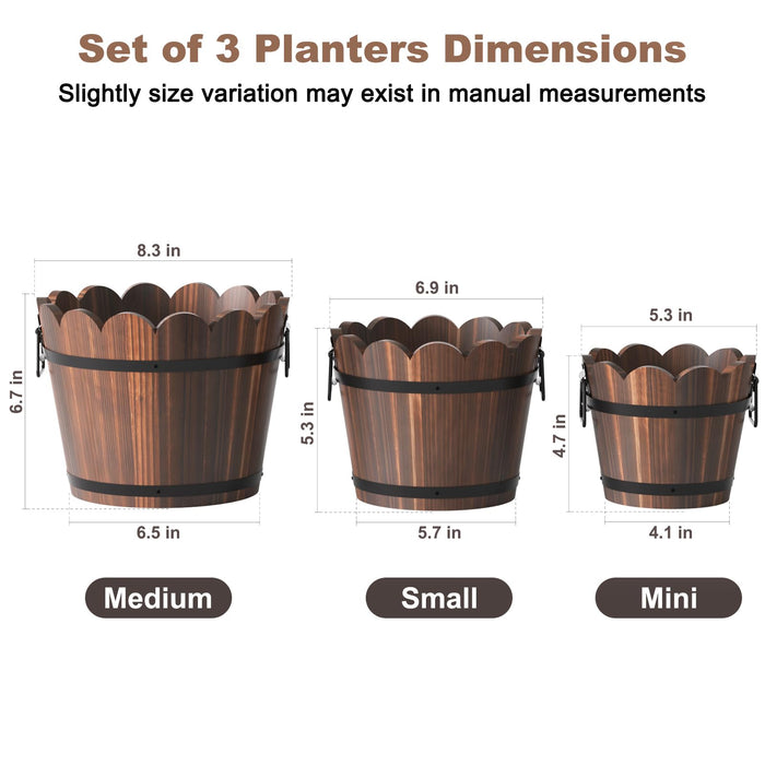 HakkaGirl Wooden Bucket Barrel Planters, Rustic Patio Planters Flower Pots for Plants Indoor Décor, Set of 3