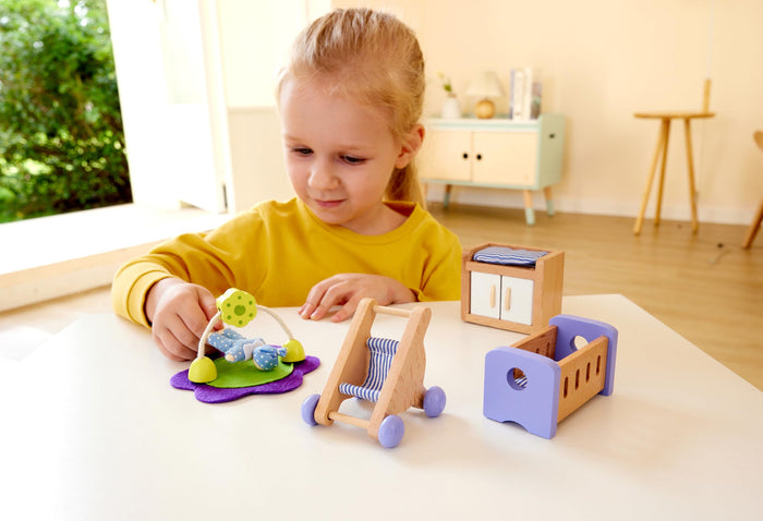 Hape Wooden Doll House Furniture Baby's Room Set with Baby| Pretend Playset for Kid’s Wooden Dollhouse
