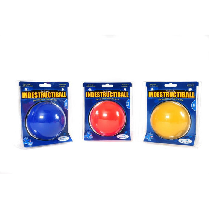 Three Indestructiball dog toy packages in blue, red, and yellow packaging on a white background.