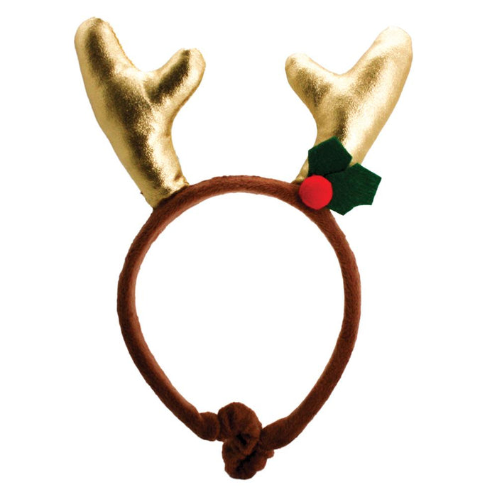 A brown dog wearing a gold antler headband with a Christmas-themed green and red decoration on the forehead.
