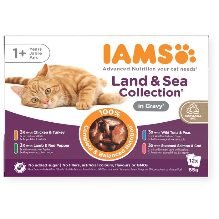 Iams | Wet Cat Food Pouches | Land & Sea In Gravy - 12 x 85g