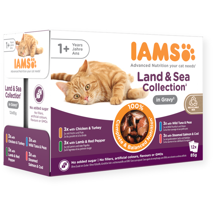 Iams | Wet Cat Food Pouches | Land & Sea In Gravy - 12 x 85g