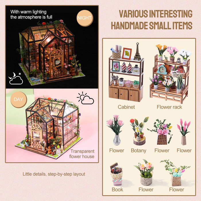 Insgen Greenhouse Booknook Kit, DIY Miniature Flower Dollhouse Building Set