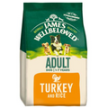 A bag of James Wellbeloved Gluten Free Dry Dog Food,Adult Turkey & Rice. Packaging is predominantly green and orange with images of dogs on the front.