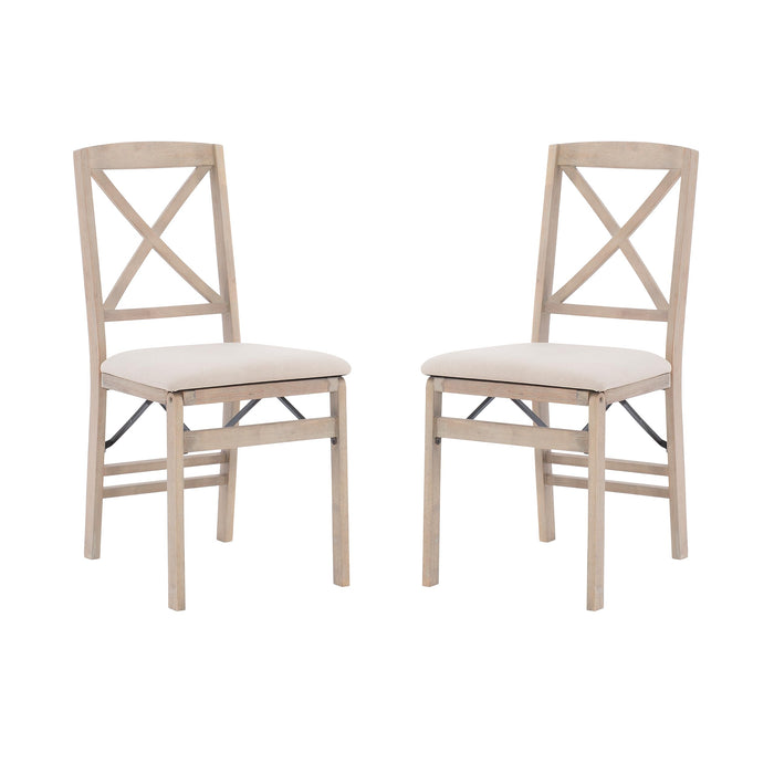 Keira Grey Wash Wooden Folding Chair with Beige Upholstered Seat and Classic Wooden X Back by Linon