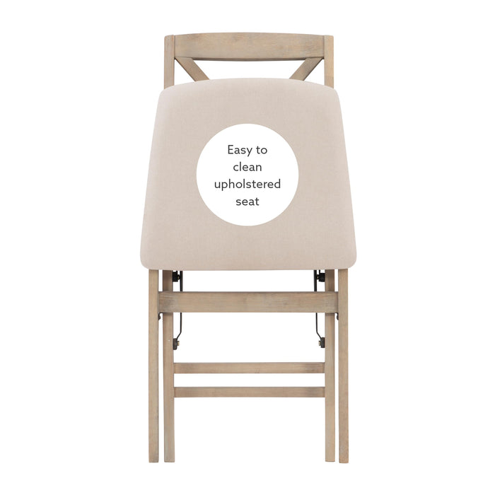 Keira Grey Wash Wooden Folding Chair with Beige Upholstered Seat and Classic Wooden X Back by Linon