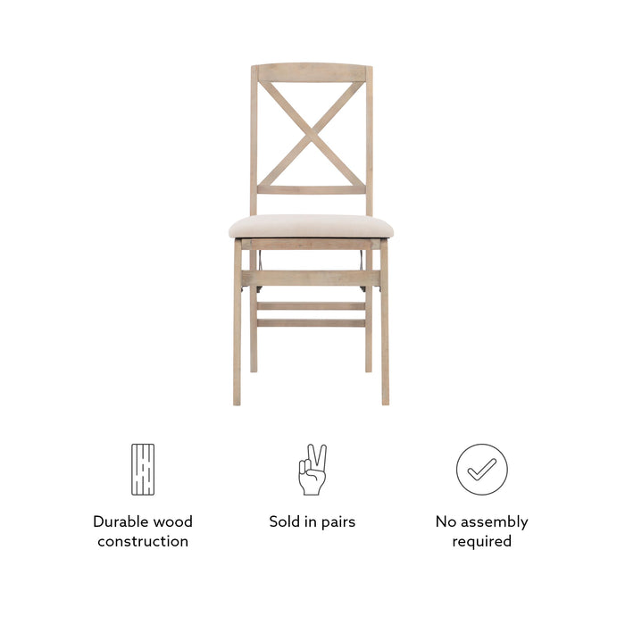 Keira Grey Wash Wooden Folding Chair with Beige Upholstered Seat and Classic Wooden X Back by Linon
