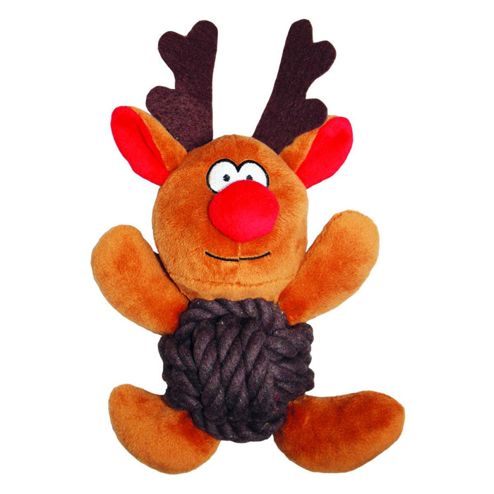 A plush reindeer dog toy with a knotted rope tail, soft body, and red and white color scheme, designed for dogs.