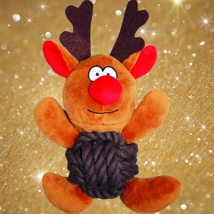 Cute reindeer dog toy with a sparkly background