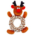 A plush reindeer dog toy with a brown body and a ring-shaped rope tail, designed for dog play.