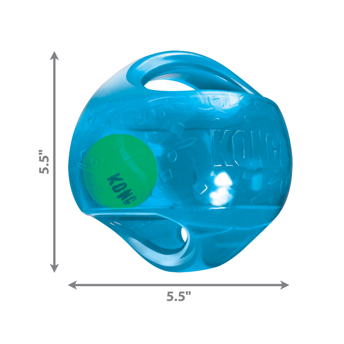 Blue KONG dog toy with dimensions on a white background