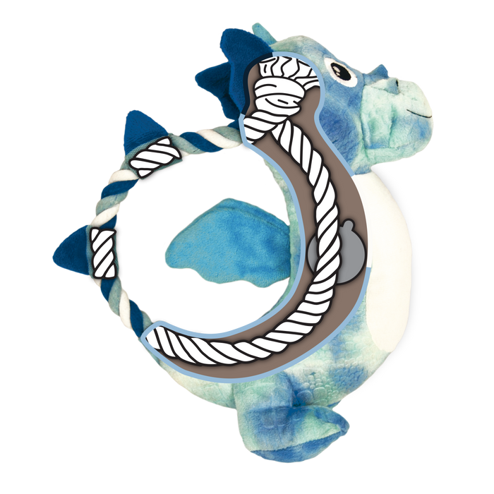 Plush dog toy dragon with blue and green colors on a white background