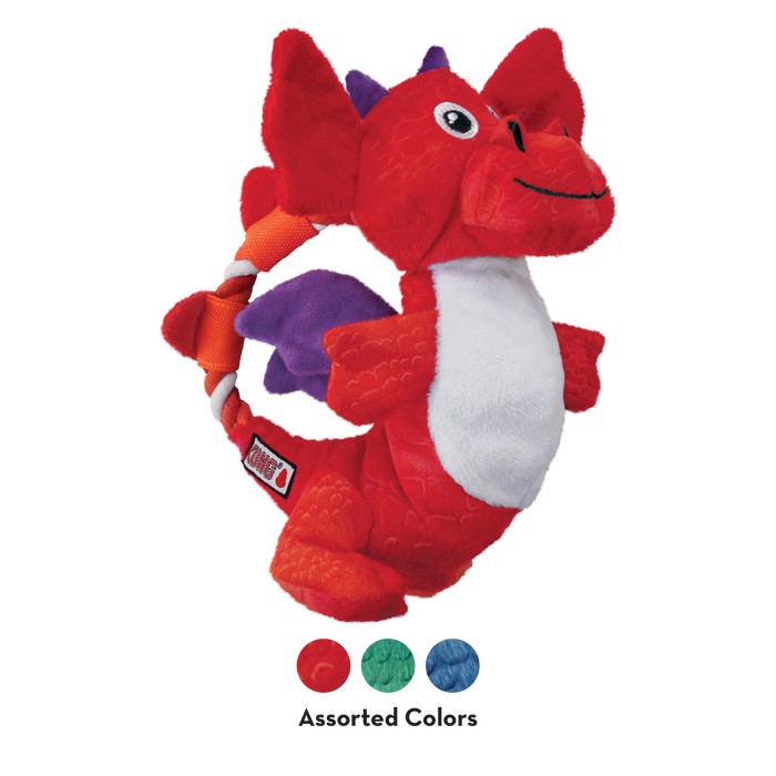 Red dragon-shaped dog toy with purple accents on a white background