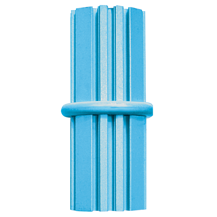 Blue rubber puppy toy with ridges on a white background