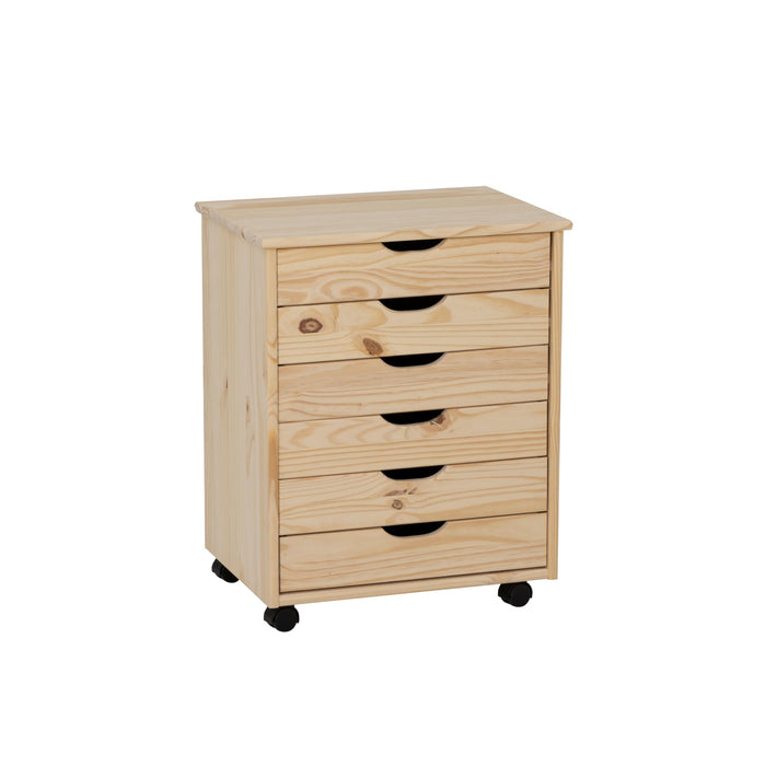 Linon Corinne Unfinished Wide Six Drawer Wooden Rolling Storage Cart