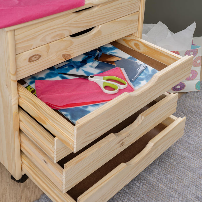 Linon Corinne Unfinished Wide Six Drawer Wooden Rolling Storage Cart
