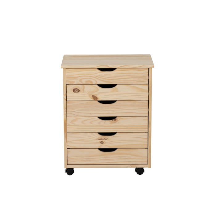 Linon Corinne Unfinished Wide Six Drawer Wooden Rolling Storage Cart