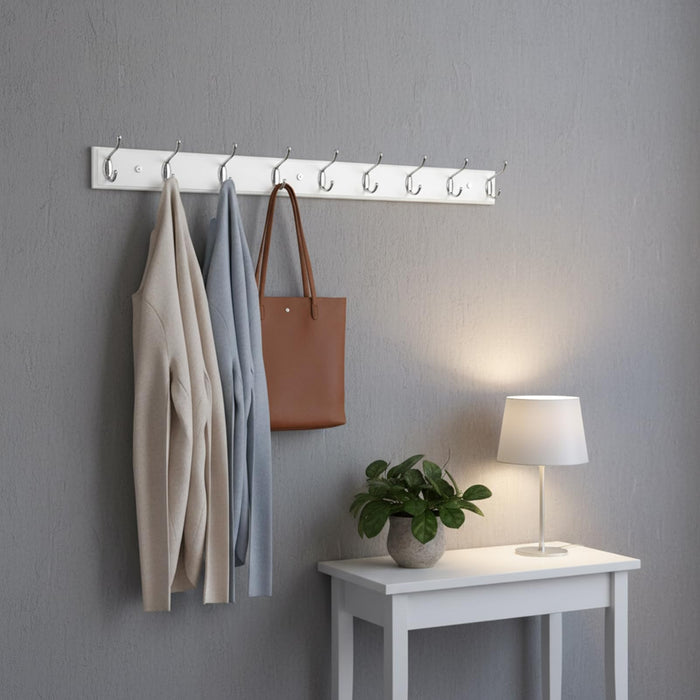 lomejii Wooden Wall Mounted Coat Rack – 31 Inch, White with 8 Silver Hooks for Entryway, Hallway, Bedroom