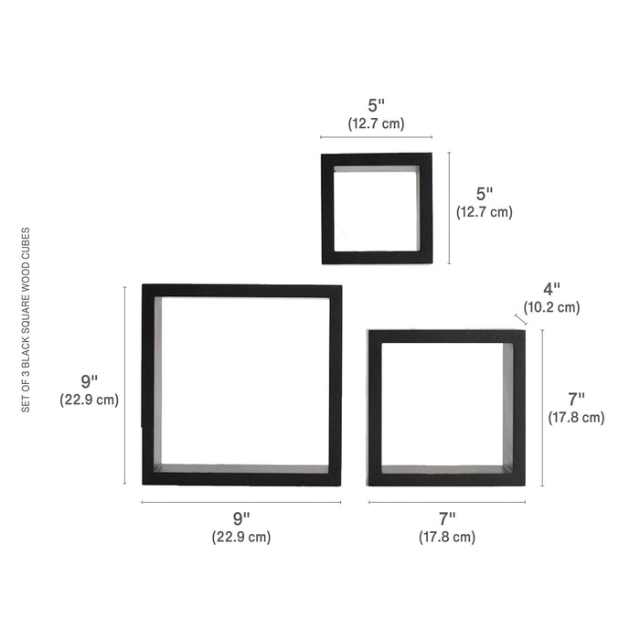 MELANNCO Floating Wall Square Cube Shelves for Bedroom, Living Room, Bathroom, Kitchen - Wood, Set of 3, Black