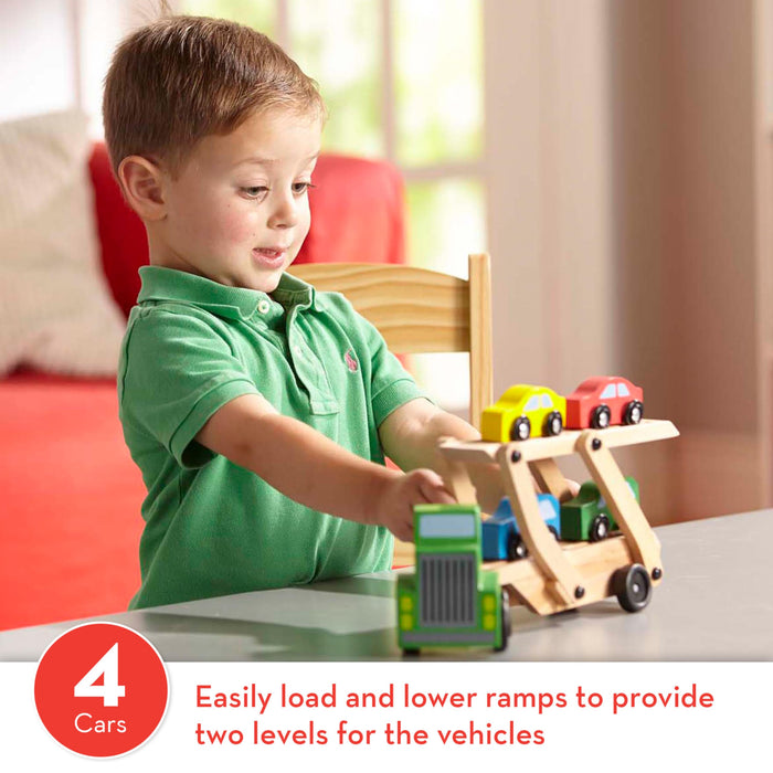 Melissa & Doug Car Carrier Truck and Cars Wooden Toy Set with 1 Truck and 4 Cars 5.75" x 12" x 3"