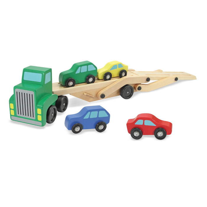 Melissa & Doug Car Carrier Truck and Cars Wooden Toy Set with 1 Truck and 4 Cars 5.75" x 12" x 3"